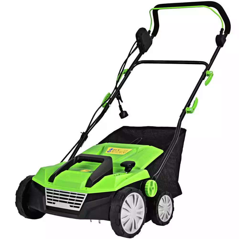 15 In. 13 Amp Corded Electric Lawn Scarifier with 50L Collection Bag and 4-Position Depth in Green
