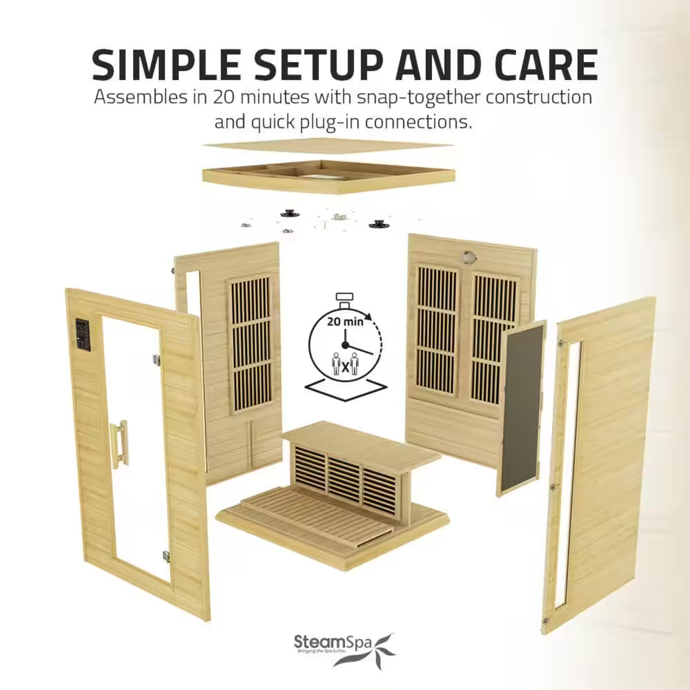 2-Person Indoor Hemlock Wood Infrared Sauna with Touch Control Panel, Bluetooth and LED Lights