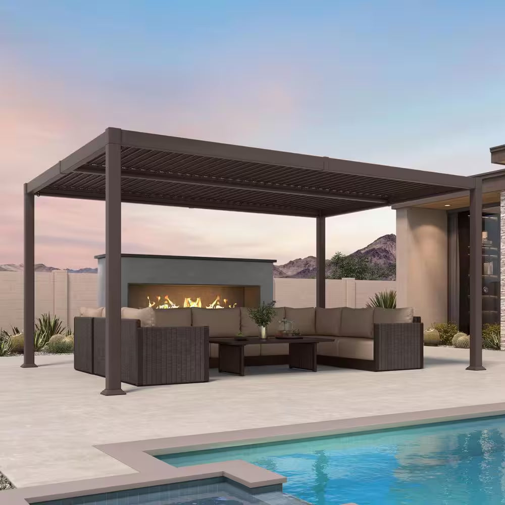 11.6 Ft. X 15.1 Ft. Bronze Aluminum Outdoor Louvered Pergola with 2-Individual Adjustable Roofs and In-Built Gutter
