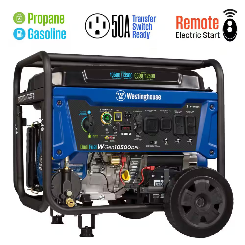 13,500/10,500-Watt Remote Electric Start Dual Fuel Gas and Propane Portable Generator W/ 50A Outlet, CO Sensor