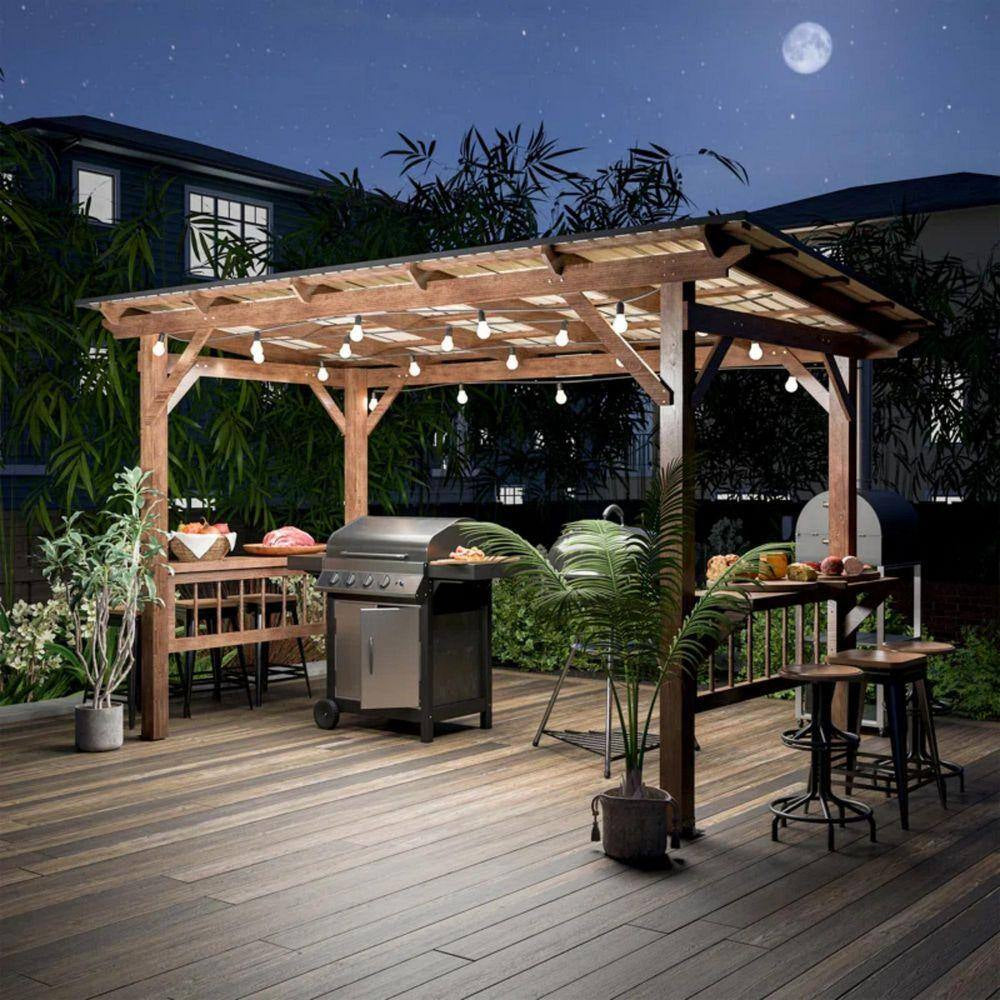 13 Ft. X 6.5 Ft. Wooden Pergola Grill Gazebo, Fir Wood Pergola with Metal Roof & Bulbs & Bar Counters
