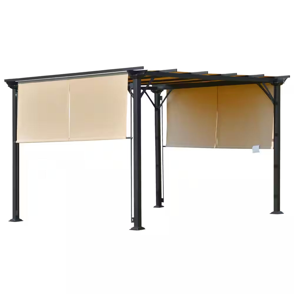 12 Ft. X 10 Ft. Steel Patio Gazebo Pergola with Slideable Canopy Roof/Walls and Uv-Resistant Material