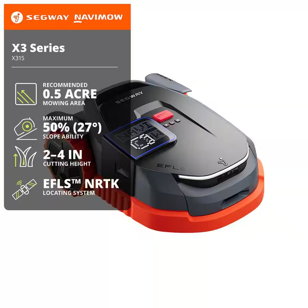 X315 9.3 In. Robot Lawn Mower (1/5 Acre) RTK+VSLAM+VIO with Auto Mapping, Smart App Control and AI Obstacle Avoidance