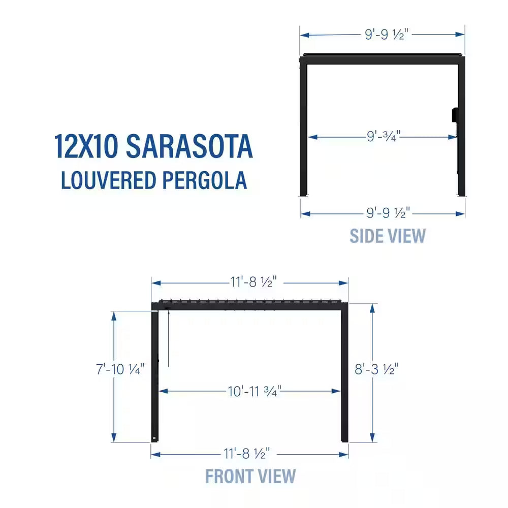 Sarasota 12 Ft. X 10 Ft. Black Powder Coated Steel Louvered Pergola with Integrated Drainage and Gutter Guards