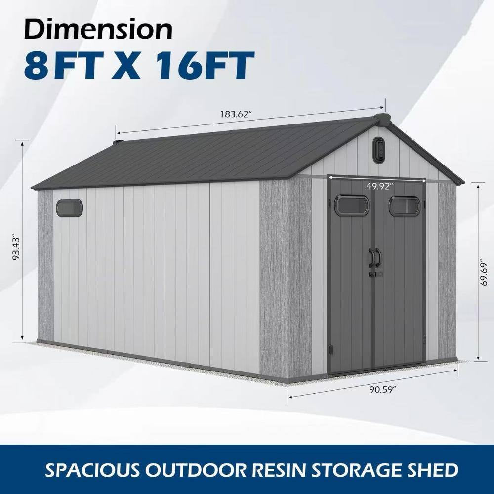 8 Ft. X 16 Ft. Outdoor Resin Patio Storage Shed with Lockable Door, Windows & Vents, Weatherproof, Gray