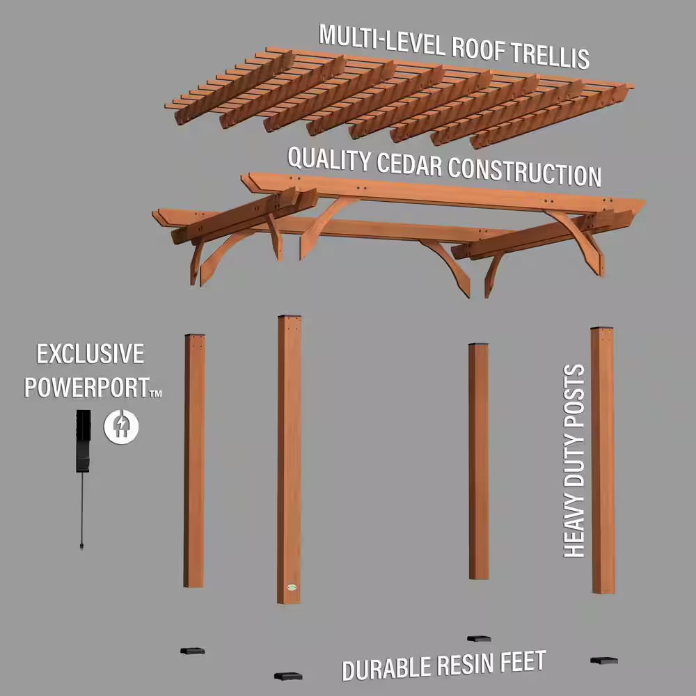 10 Ft. X 12 Ft. Traditional All Cedar Wood Outdoor Patio Pergola Shade Structure with Electric
