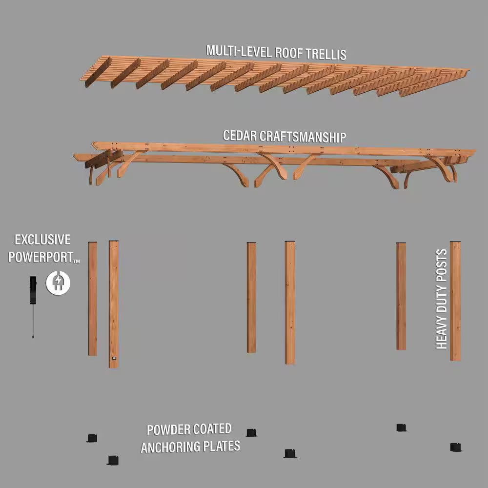 Beaumont 24 Ft. X 12 Ft. Light Brown Cedar Wood Outdoor Patio Pergola with Trellis Roof and Powerport