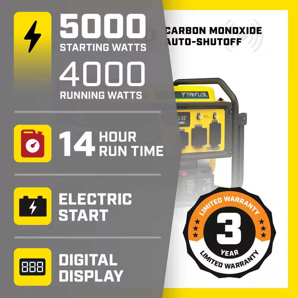 5000/4000-Watt Electric Start Tri Fuel Portable Generator with Free 3-Year Warranty for RV and Home
