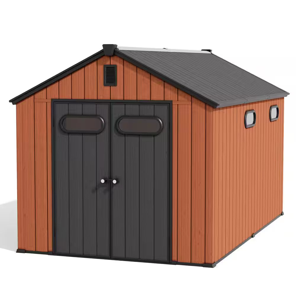 8 Ft. W X 12 Ft. D Outdoor Resin Storage Shed in Brown Plastic Resin Tool Shed with Floor and Lockable Door (96 Sq. Ft.)