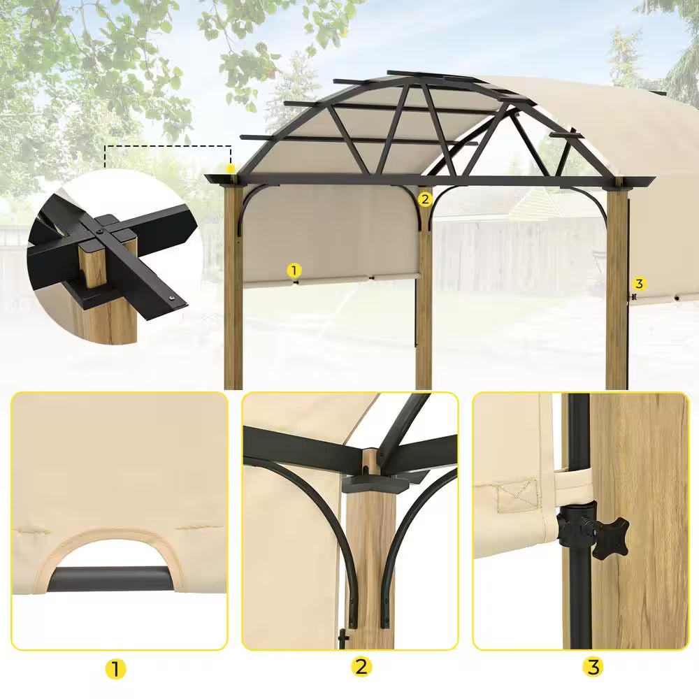 10 Ft. X 13 Ft. Aluminum Outdoor Pergola with Wood Grain Finish, Arched Canopy and Beige Retractable Shade
