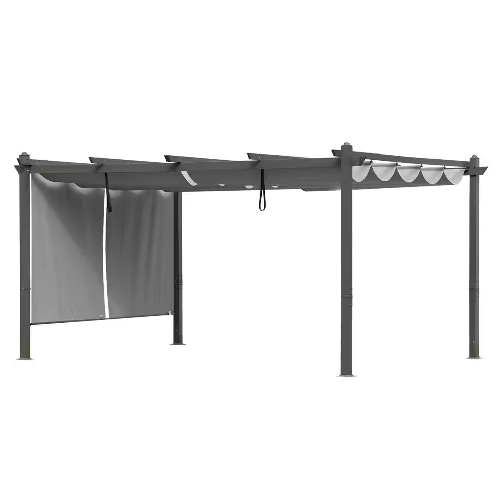 14 Ft. X 12 Ft. Gray Aluminum Frame Patio Pergola with Gray Retractable Shade Top Canopy and 2-Pieces Roller Shade