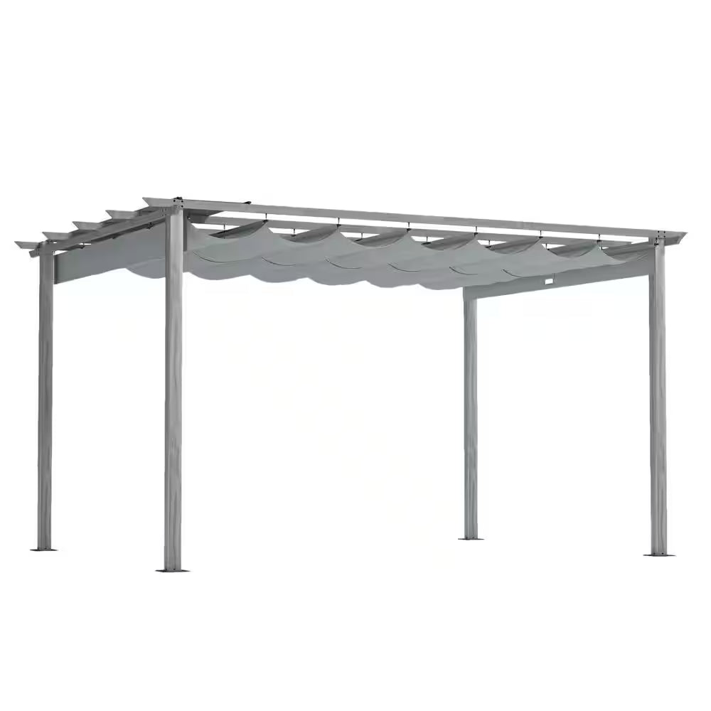 10 Ft. X 13 Ft. Wood Grain Aluminum Outdoor Pergola with Gray Retractable Shade Canopy