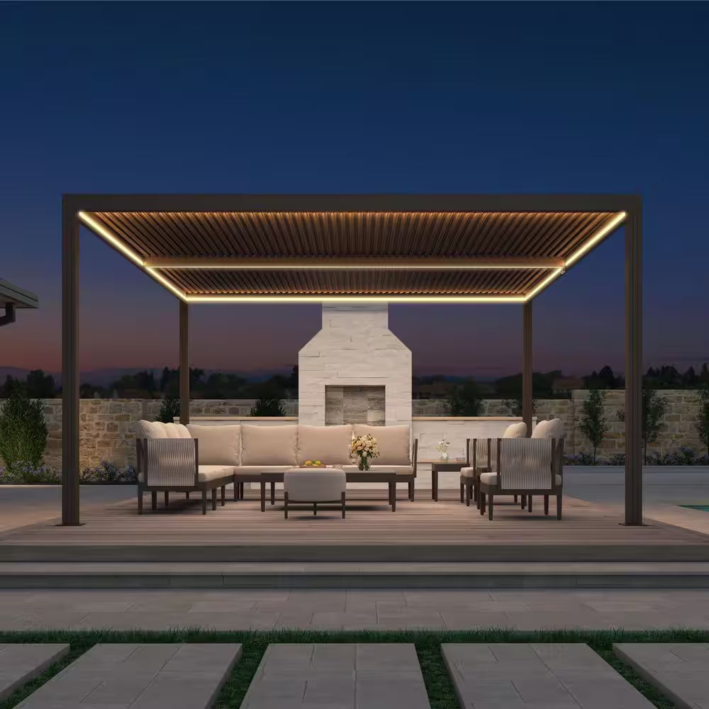 10 Ft. X 14 Ft. Bronze Aluminum Frame Patio Louvered Pergola Gazebo with Adjustable Sunshade Roof and LED Strip Lights