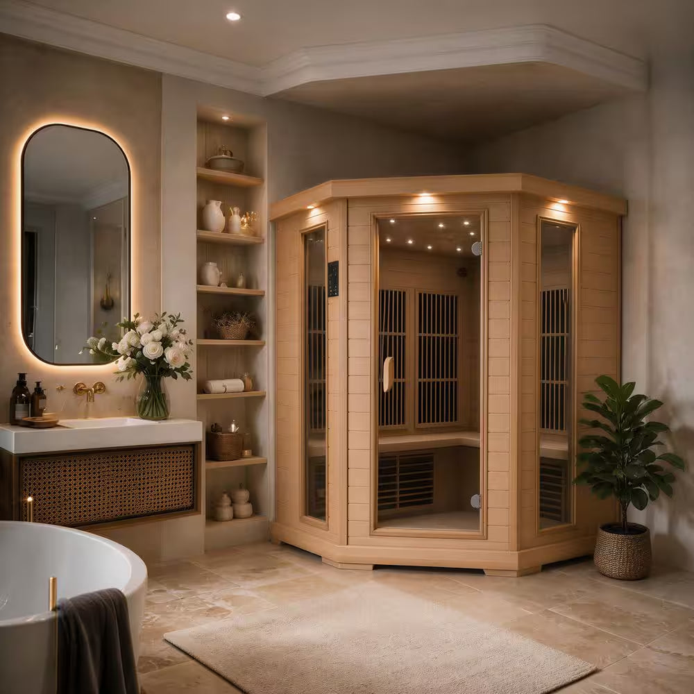 5-Person Indoor Hemlock Wood Electric Infrared Sauna with Touch Control Panel, Spot Light, and Speaker