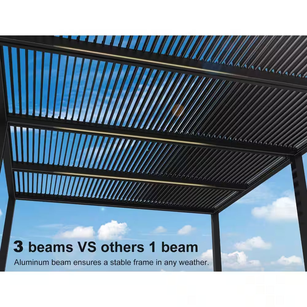 14 Ft. X 20 Ft. Gray Aluminum Frame Outdoor Louvered Pergola Gazebo with Adjustable Sunshade Roof and LED Strip Lights