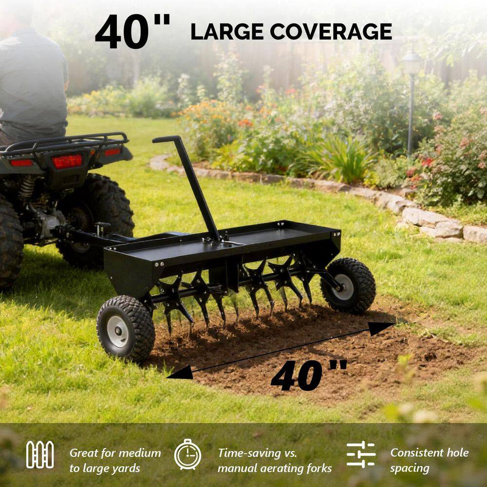 40" Tow‑Behind Lawn Dethatcher with Universal Hitch, Tray & Inflatable Wheels for Garden & Farm, Black