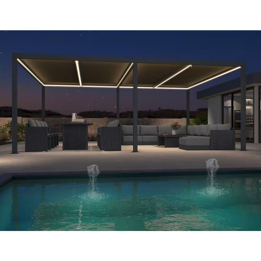 14 Ft. X 20 Ft. Gray Aluminum Frame Outdoor Louvered Pergola Gazebo with Adjustable Sunshade Roof and LED Strip Lights