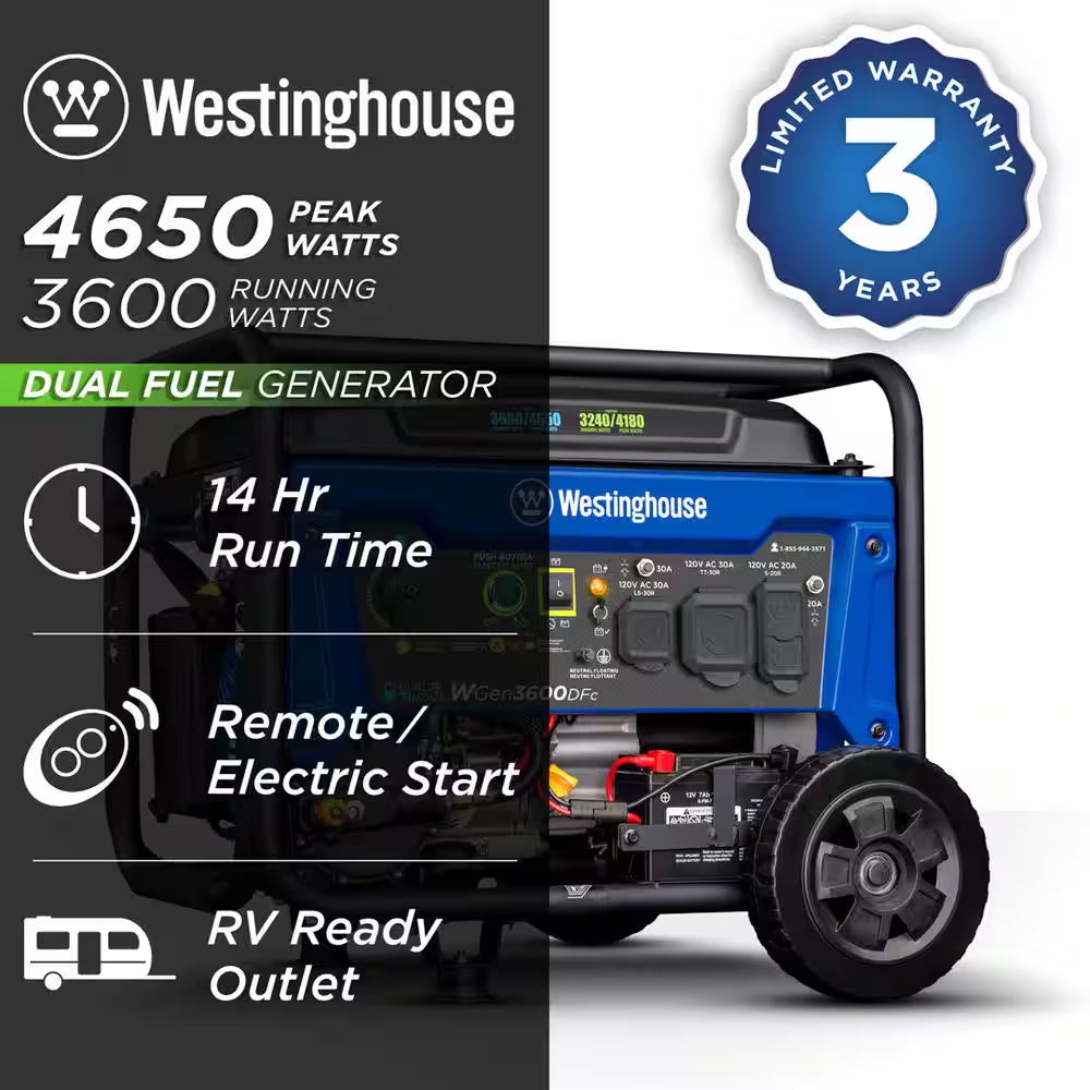4,650/3,600-Watt Remote Electric Start Dual Fuel Gas and Propane Powered Portable Generator W/ Wheel Kit, CO Sensor