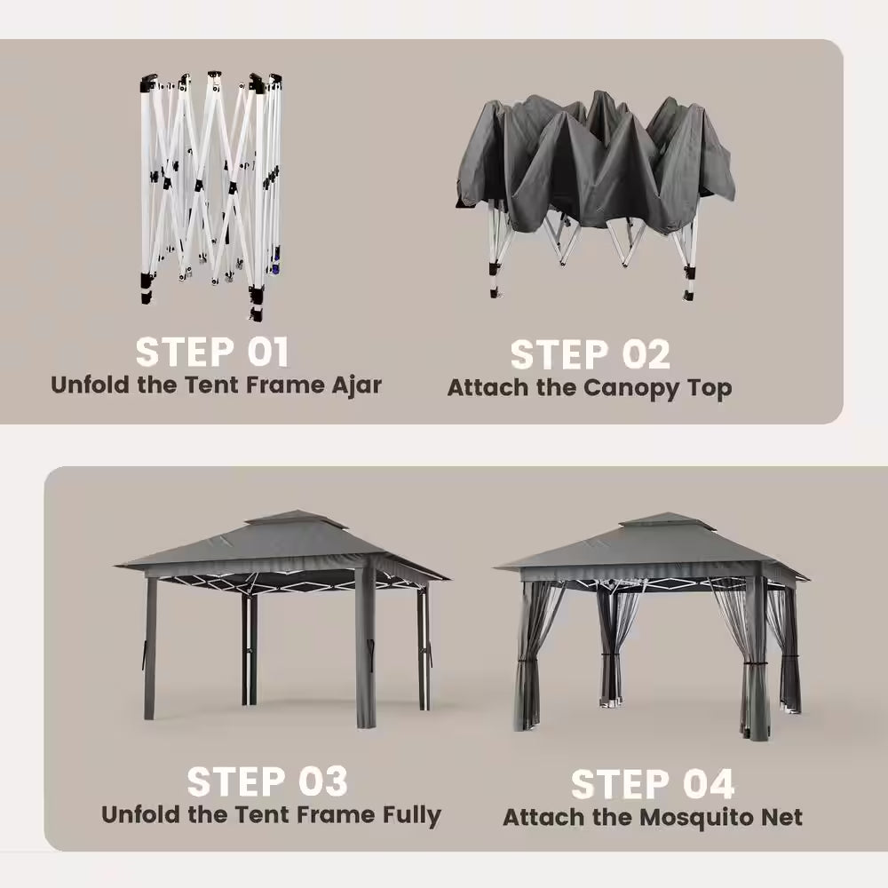 13 Ft. X 13 Ft. Pop up Gazebo Tent with Mosquito Netting, Outoor Canopy Tent for Lawn Backyard, Gray