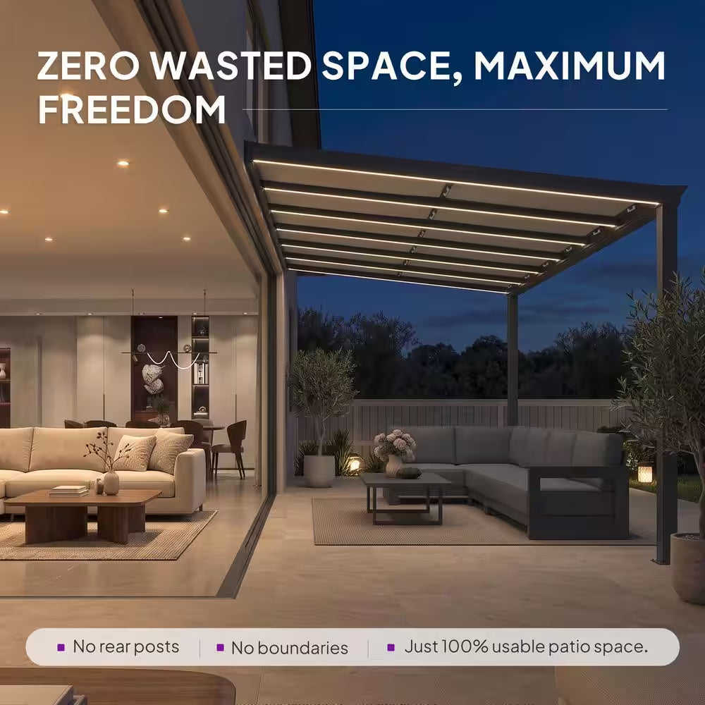 12 Ft. X 14 Ft. Gray Wall-Mounted Outdoor Pergola Aluminum Lean to Gazebo with PC Roof, LED Light and Retractable Canopy