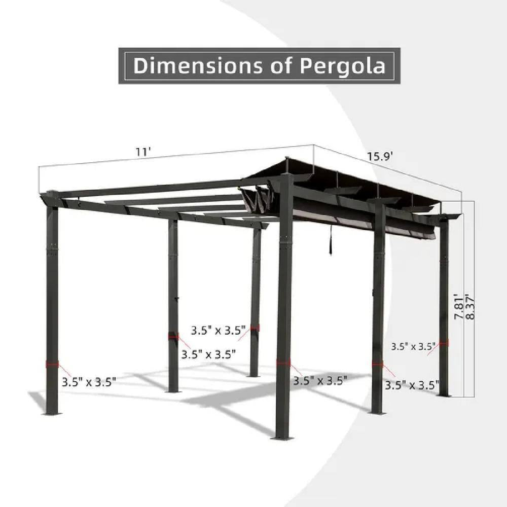 16 Ft. X 11 Ft. Dark Gray Portable Gazebo, Retractable Pergola W/ Weather Resistant Canopy, Aluminum Patio Grill Gazebo
