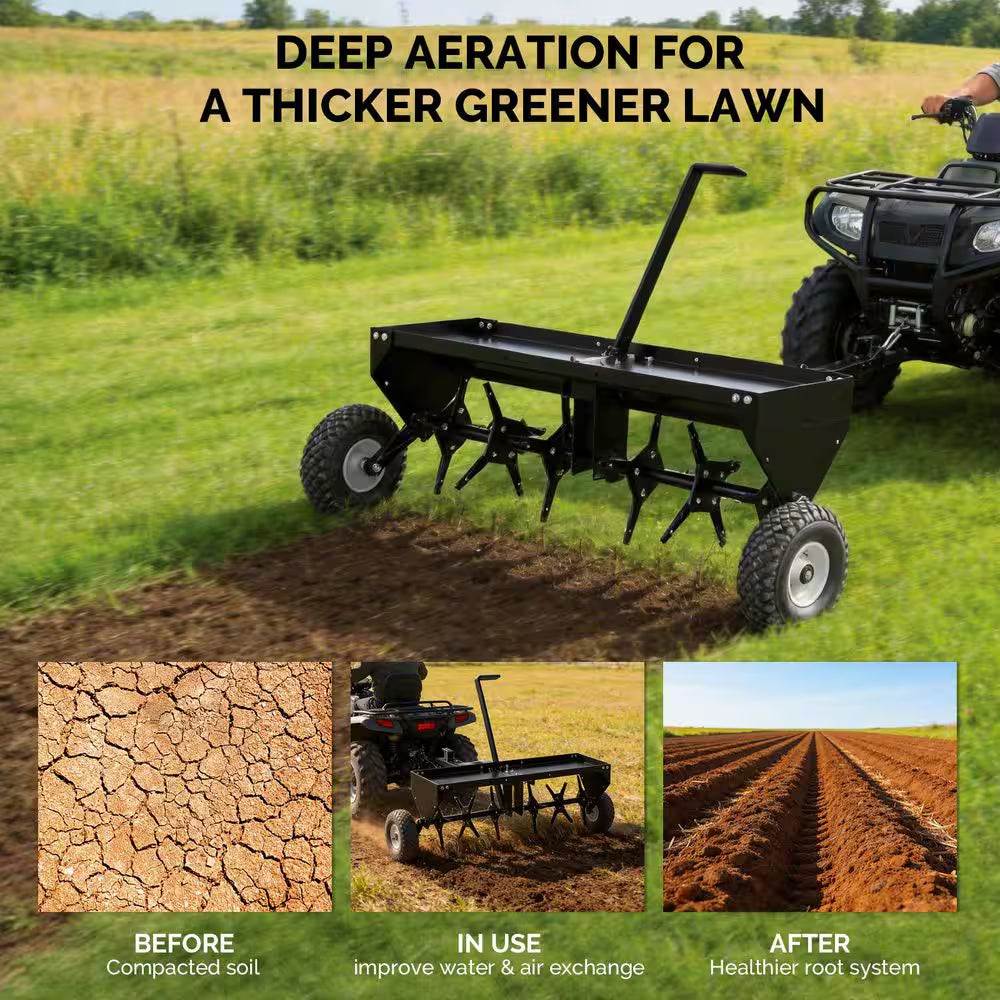 40" Tow‑Behind Lawn Dethatcher with Universal Hitch, Tray & Inflatable Wheels for Garden & Farm, Black