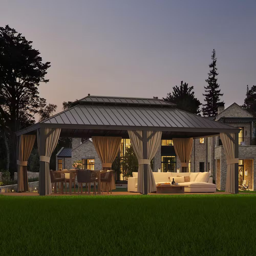 12 Ft. X 22 Ft. Aluminum Outdoor Gazebo Double Roof Canopy/Netting, Curtains, Garden Tent for Patio, Backyard, Lawns