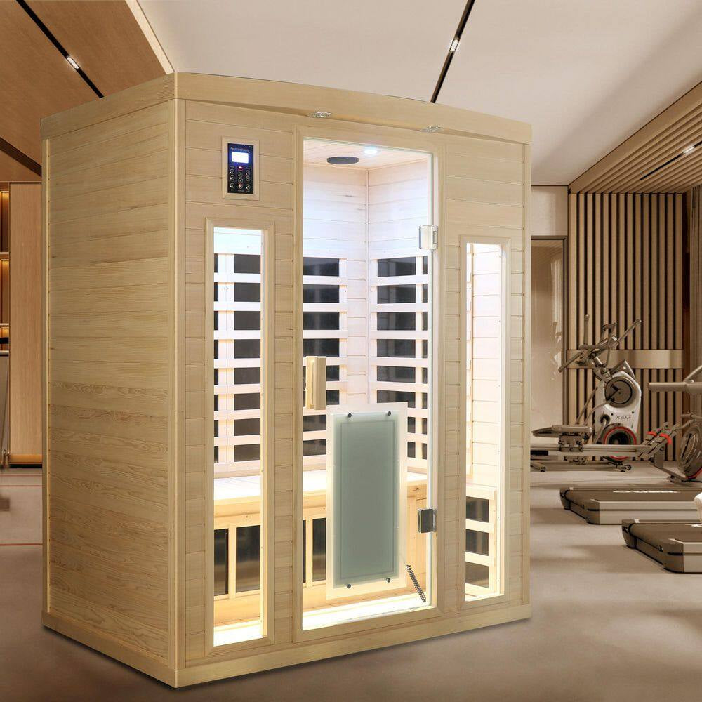 3-Person Natural Wood Far Infrared Hemlock Wood Sauna Room with LED Reading Light
