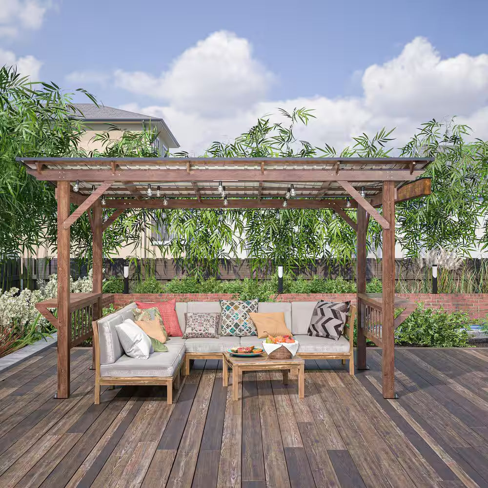 13 Ft. X 6.5 Ft. Brown Wooden Pergola Grill Gazebo with Metal Roof and Bulbs and Bar Counters