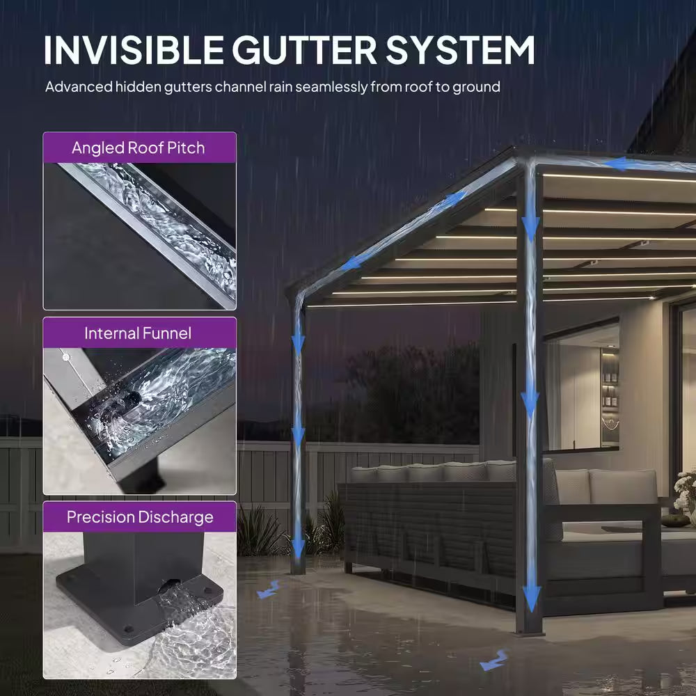 12 Ft. X 14 Ft. Gray Wall-Mounted Outdoor Pergola Aluminum Lean to Gazebo with PC Roof, LED Light and Retractable Canopy