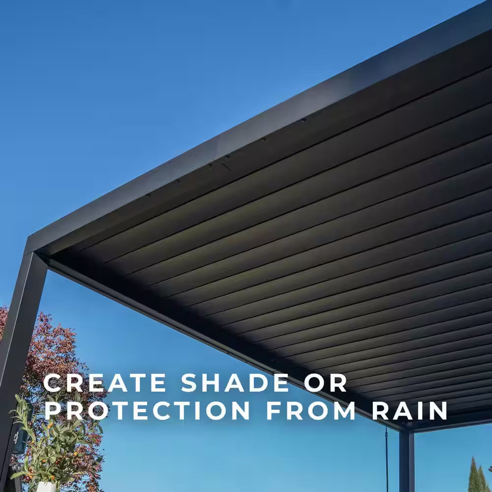 Sarasota 12 Ft. X 10 Ft. Black Powder Coated Steel Louvered Pergola with Integrated Drainage and Gutter Guards