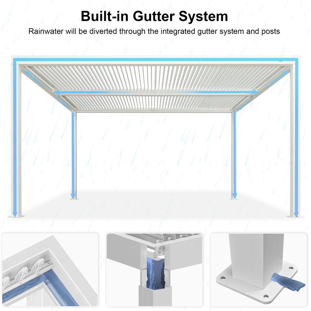 12 Ft. X 14 Ft. White Aluminum Frame Louvered Pergola with Adjustable Sunshade Roofs and 1-Long Side Roller Shades