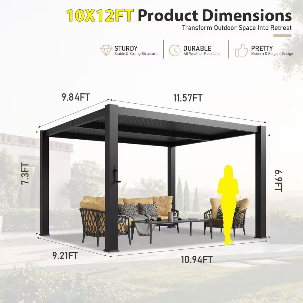 10 Ft. X 12 Ft. Black Metal Pergola with Adjustable Louvered Roof
