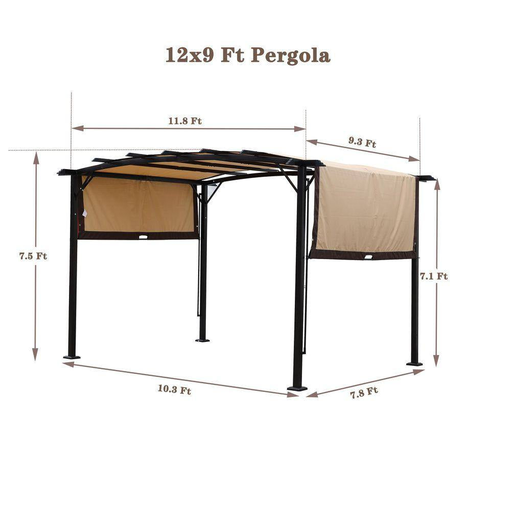 12 Ft. X 9 Ft. Beige Outdoor Pergola Patio Gazebo with Retractable Shade Canopy for Gardens, Terraces, Backyard