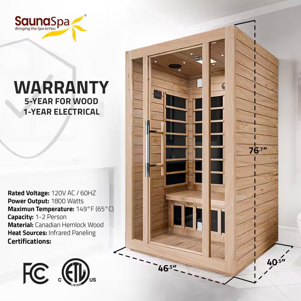 S08HD Series 2-Person Indoor Hemlock Wooden Low EMF Carbon FAR Infrared Home Sauna Room with LED Touch Control Panel