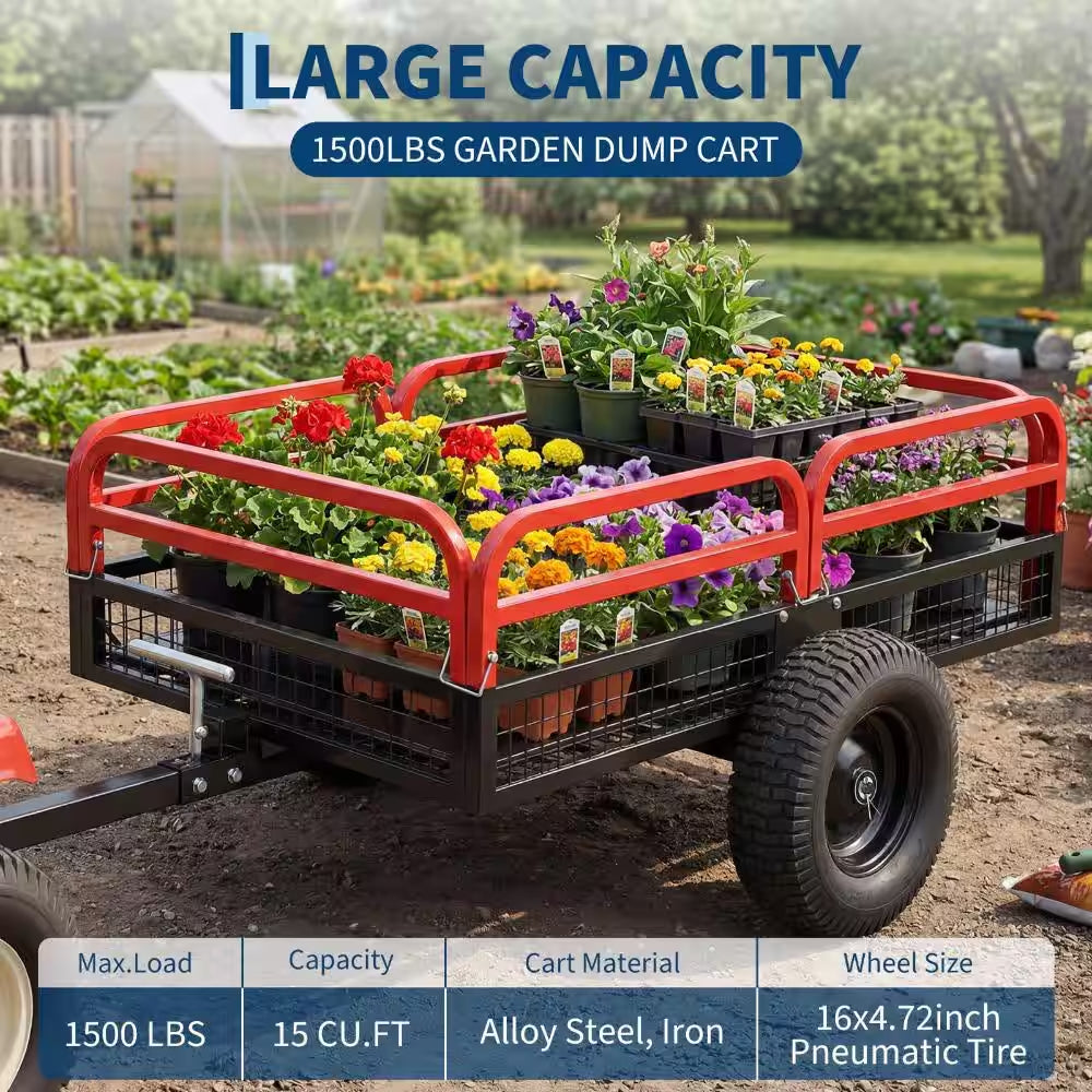 1500 Lb. 15 Cu. Ft. Heavy-Duty Steel Tow-Behind Dump Cart with Removable Sides and Pneumatic Tires, Red