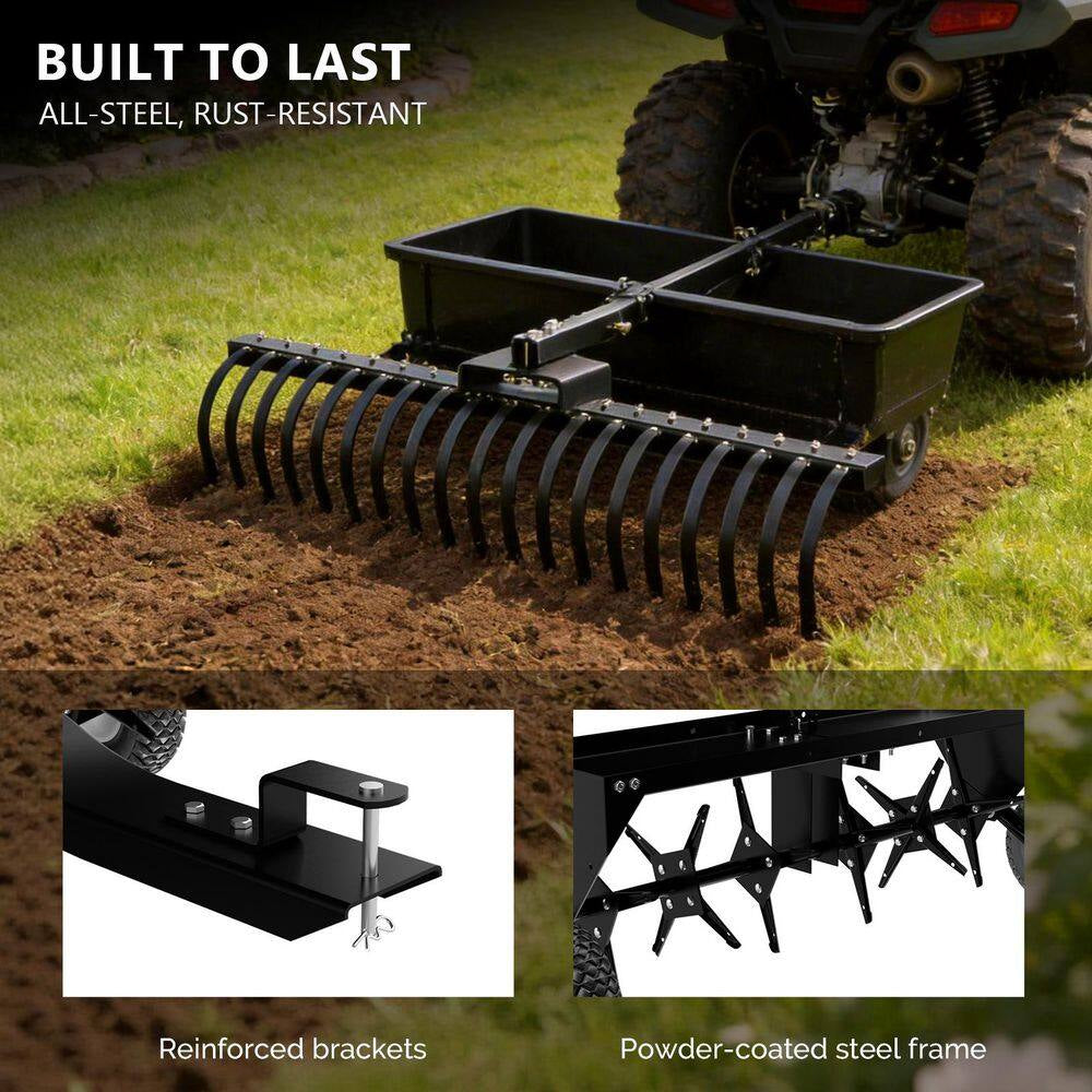 40" Tow‑Behind Lawn Dethatcher with Universal Hitch, Tray & Inflatable Wheels for Garden & Farm, Black