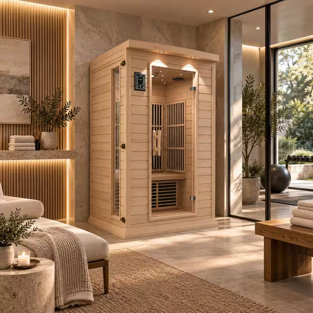 2-Person Indoor Hemlock Wood Infrared Sauna with Touch Control Panel, Bluetooth and LED Lights