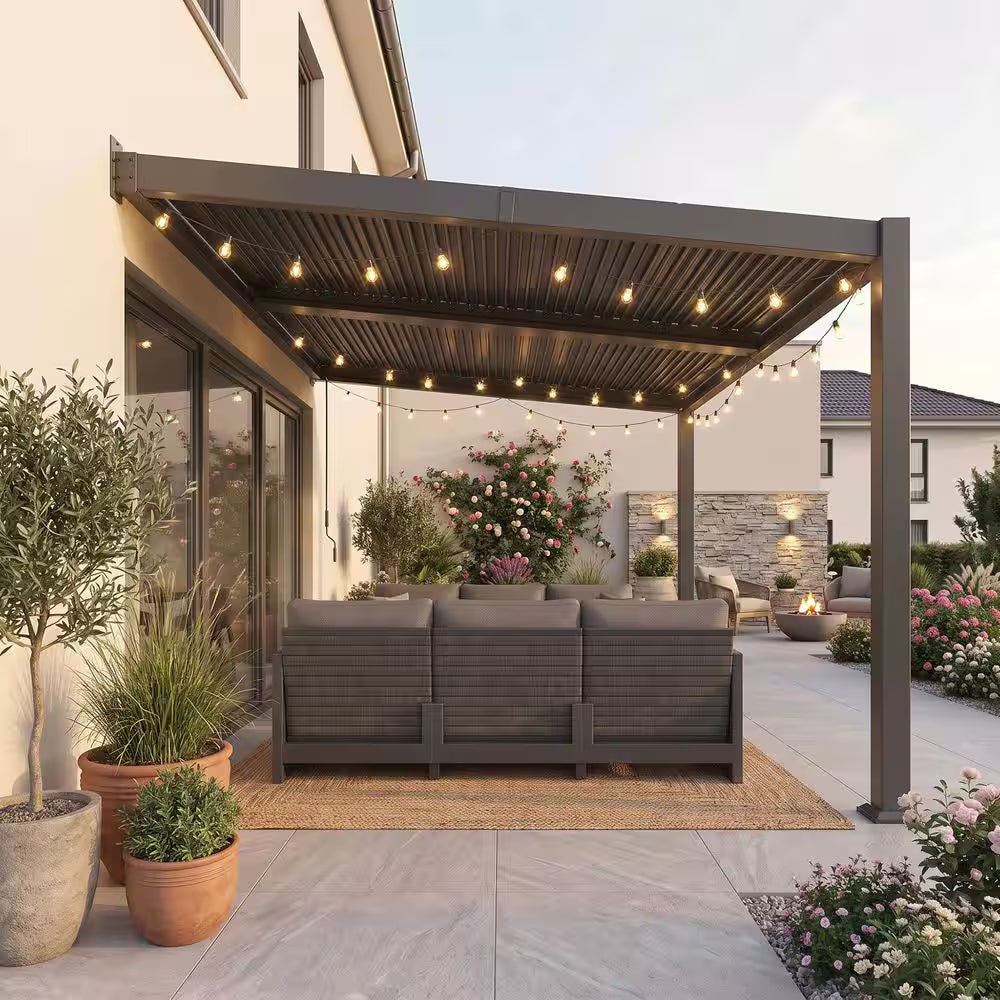 10 Ft. X 12 Ft. Grey Aluminum Outdoor Wall-Mounted Louvered Pergola with Individual Adjustable Sunshade Roofs