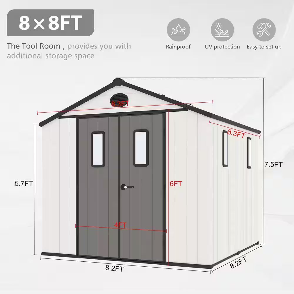 8 Ft. W X 8 Ft. D Outdoor Storage Resin Garden Shed for Backyard Outdoor (64 Sq. Ft.)