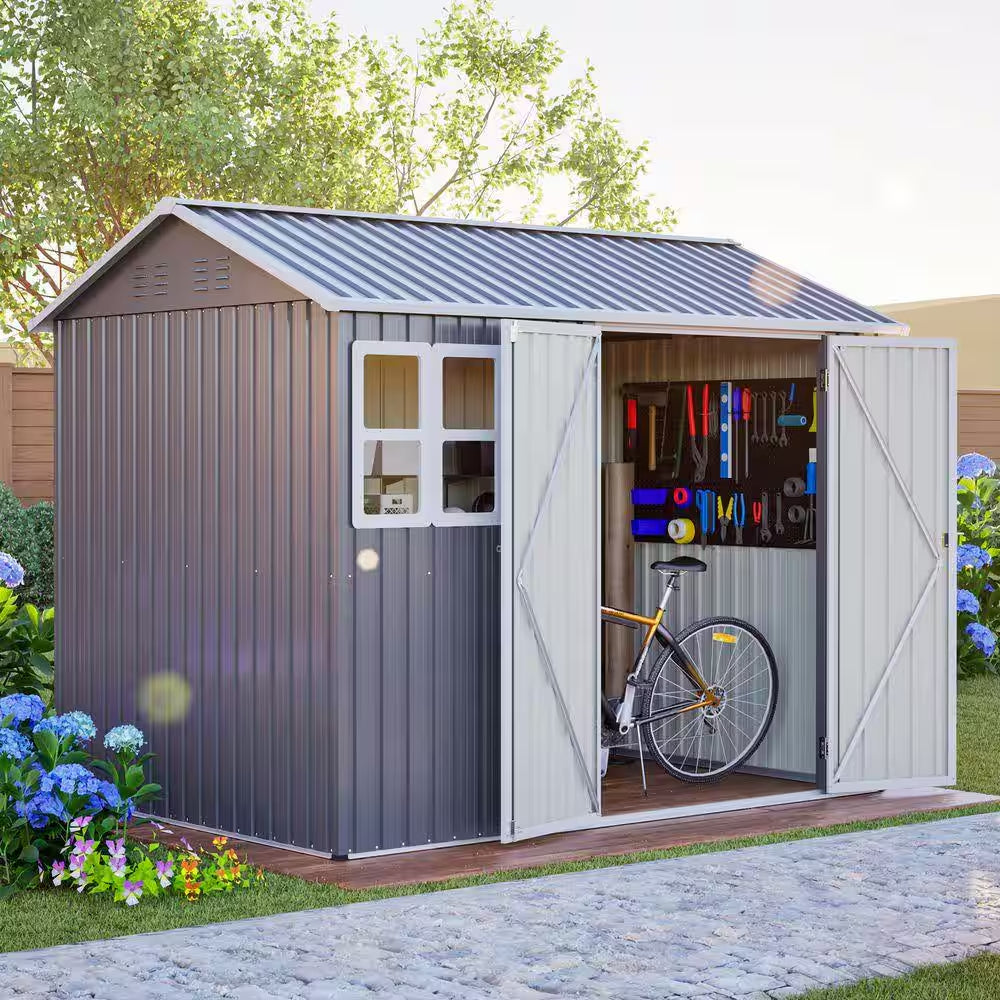 Metal 8 X 6 Ft. Steel Storage Shed with Window and Lockable Doors, Dark Gray for Garden Patio and Yard (43.69 Sq Ft)
