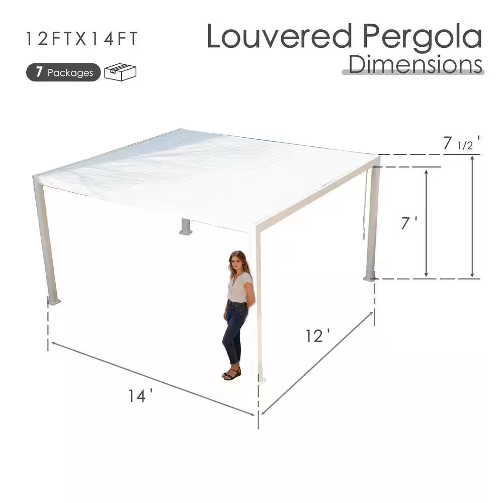 Elizabeth Outdoor 12 Ft. X 14 Ft. White Aluminum Louvered Pergola with Water-Tight Adjustable Rainproof Roof