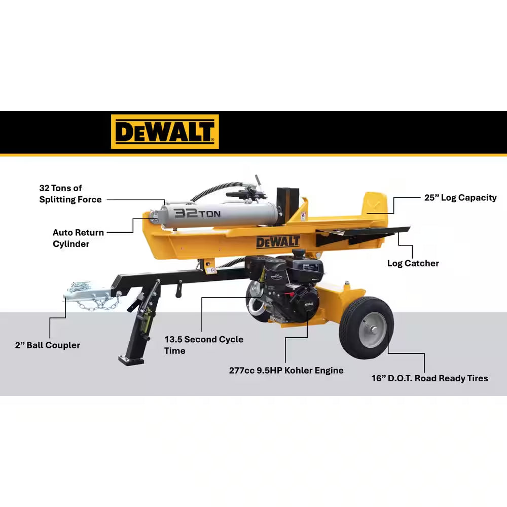 32 Ton 277Cc 9.5HP Kohler Engine Horizontal/Vertical Full Beam Hydraulic Log Splitter, Auto Return/Integrated Log Cradle