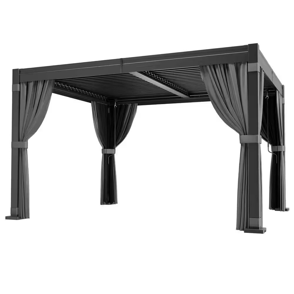 10 Ft. X 12 Ft. Steel Outdoor Louvered Pergola with Nettings,Curtains,Water-Tight Adjustable Roof