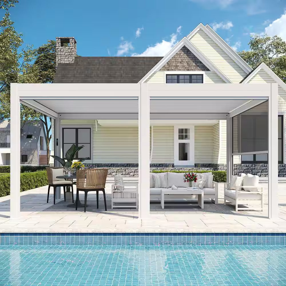 12 Ft. X 16 Ft. White Outdoor Pergola with LED Lights, Aluminum Gazebo with Motorized Louvers and Side Screens
