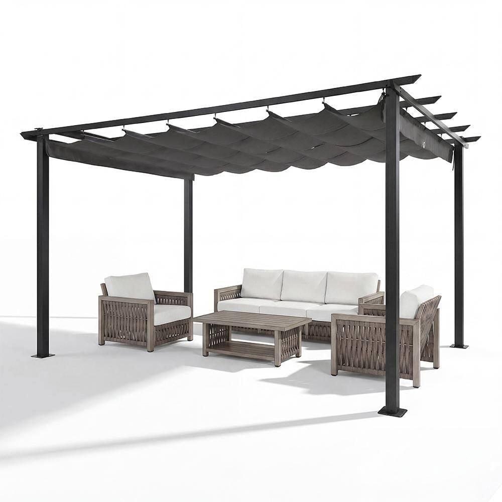 10 Ft. X 13 Ft. Grey Aluminum Outdoor Pergola with Grey Retractable Sun Shade Canopy