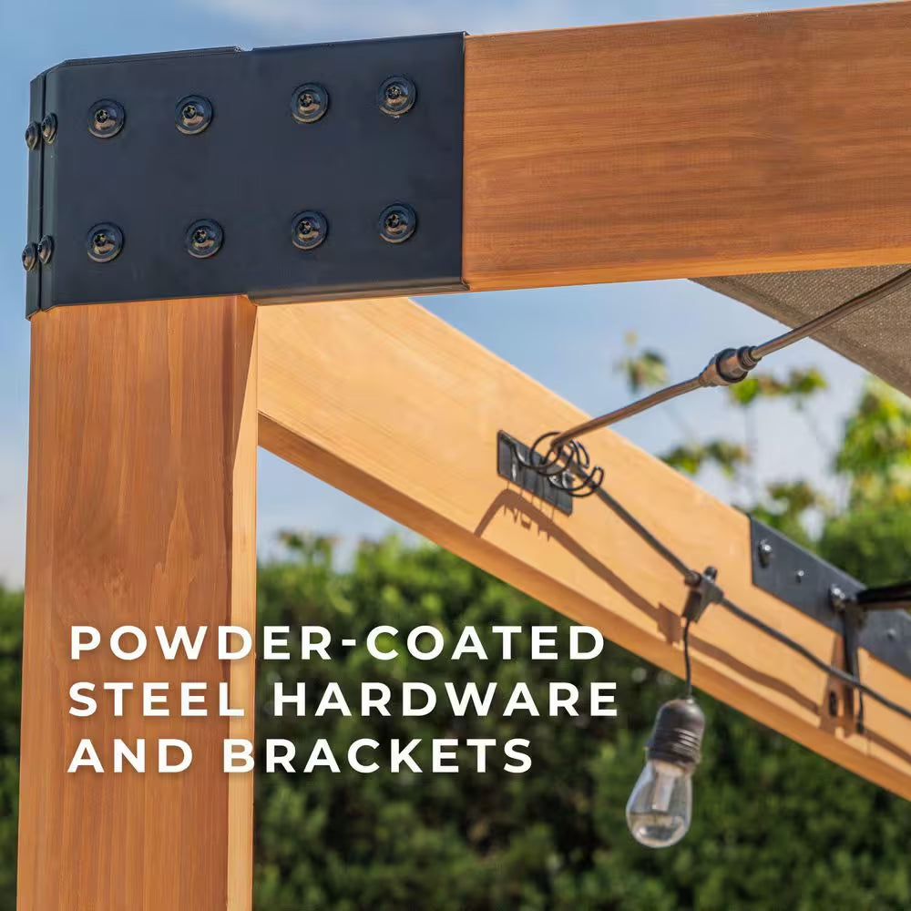 Brendan 10 Ft. X 12 Ft. Light Brown Cedar Wood Patio Pergola with Sun Shade Sail Screen Canopy and Powerport