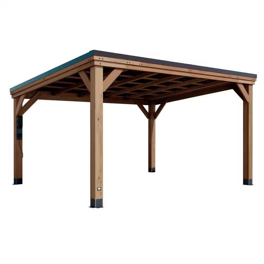 Arcadia 12 Ft. X 14 Ft. Light Brown Cedar Wood Outdoor Patio Gazebo with Hardtop Galvanized Steel Slope Roof, Powerport