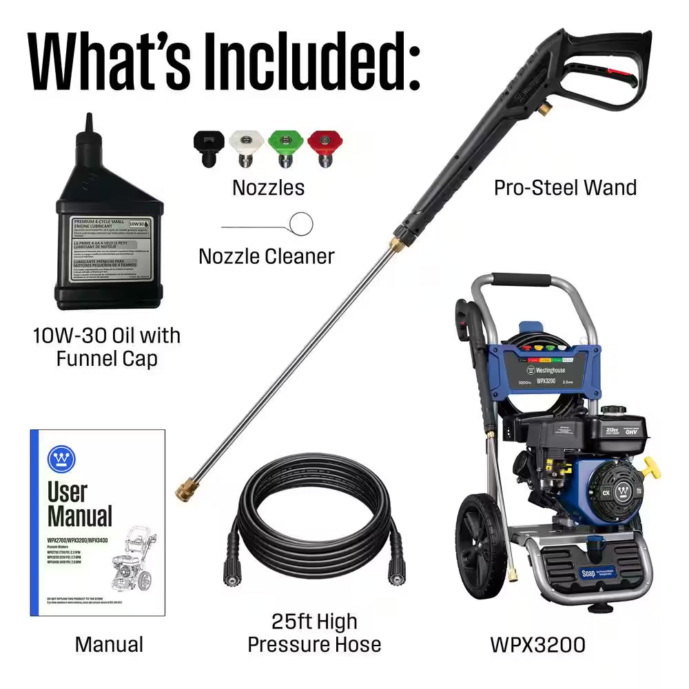 3200 PSI 2.5 GPM Gas Powered Axial Cam Pump Cold Water Pressure Washer with Soap Tank and 5 Quick Connect Tips