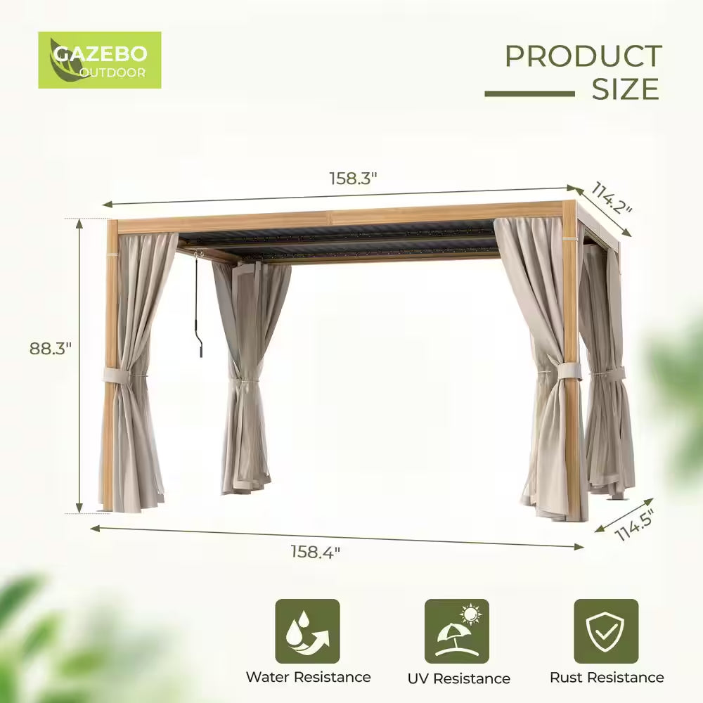 10 Ft. X 13 Ft. Wood Grain Aluminum Louvered Pergola with Adjustable Roof and Khaki Curtains